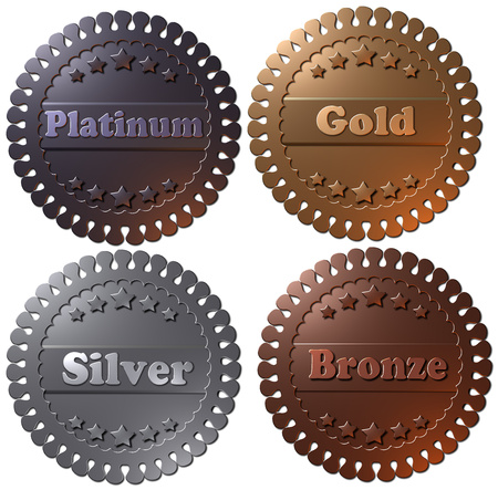Set of four 3D winner metallic badges, seals or buttons. 3D rendered medals, platinum gold silver and bronze.の写真素材