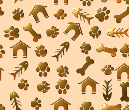 Pet theme seamless pattern with animal paw footprints, fish bones, pet houses and bonesの写真素材