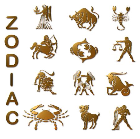 A set of 3D rendered  of the zodiac signs in golden metallic finish.の写真素材