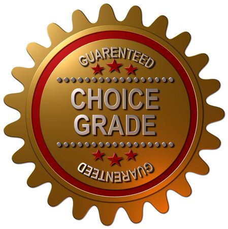 A 3D rendered gold, red and platinum metallic seal with six stars and text "GUARENTEED", "CHOICE" and "GRADE" text in platinumの写真素材