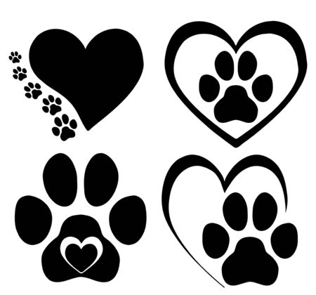 Set of hearts with the paws of dogs in black & white. Collection of black and white logos with footprints of dogs mixed with hearts.の写真素材