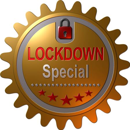 A 3D rendered illustration of a metallic gold and red seal with stars,a locs and text "Lockdown Special"の写真素材