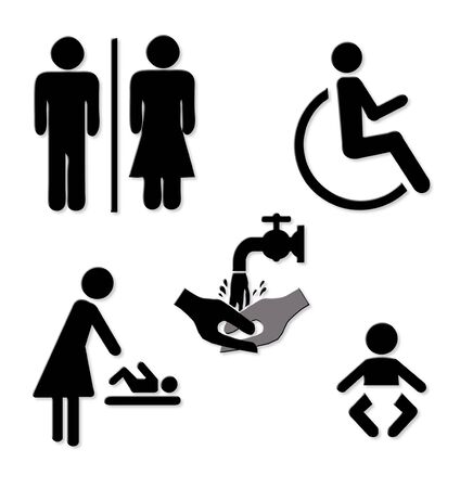 A set of five 3D rendered bathroom and toilet icons in black with a grey shadows.の写真素材