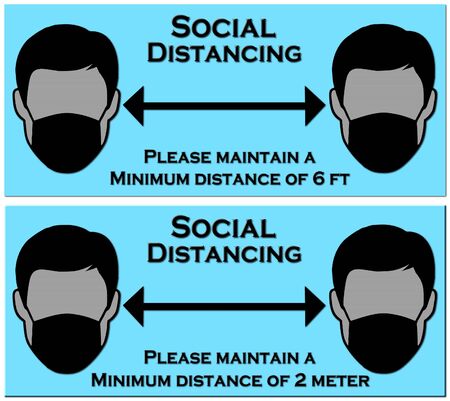 A set of two 3D rendered signs with text "Social Distancing" and "Please maintain a minimum dastance of 6ft/2meter" on a blue backgroundの写真素材