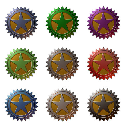 A 3D rendered set of 9 blank illustrations of metallic seals with a star in the center.の写真素材