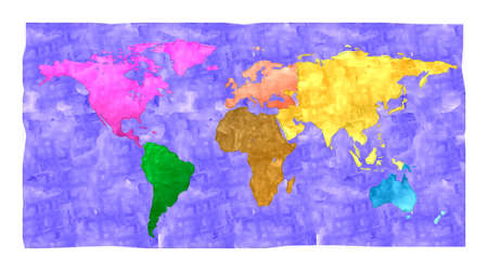 A computer-generated watercolour illustration of the world with identified continents using...