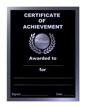 A black banner with a 3D rendered Platinum illustrated medal, on a certificate of achievement.の写真素材
