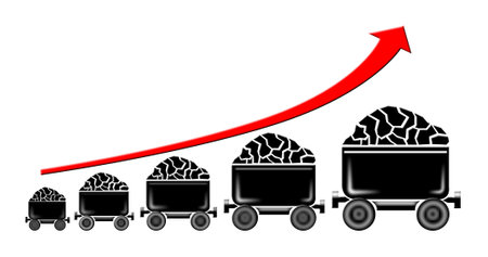 A 3D rendered illustration of five old, fully loaded underground mine trollies in increasing size from left to right with an arrow showing the growthの写真素材
