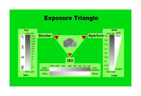 A comprehensive infographic of the exposure triangle in photography that includes shutter speed, aperture size and ISO setting, each with two dimensions.の写真素材