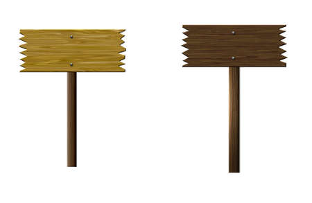 A 3d rendered illustrations of a set of two rustic wooden signs without text.の写真素材