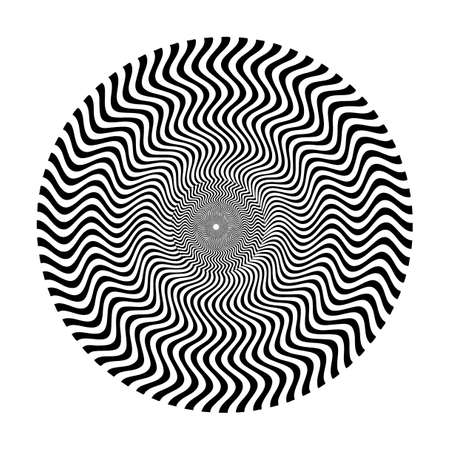 A dynamic wavy and hypnotic black circular pattern, isolated on a white background.の写真素材