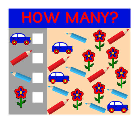 A flat illustrated worksheet for teaching preschool kids to count colourful, brightly coloured objects and record the answersの写真素材