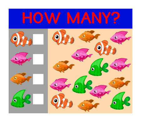A flat illustrated worksheet for teaching preschool kids to count colourful tropical fish and record the answersの写真素材