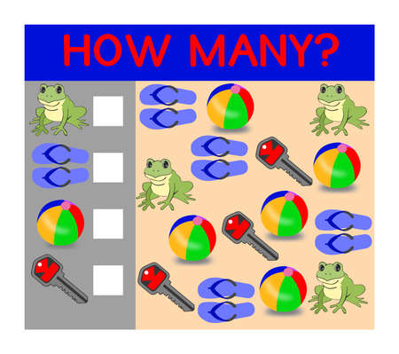 A flat illustrated worksheet for teaching preschool kids to count colourful everyday objects and record the answersの写真素材