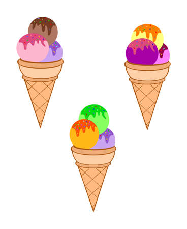 A flat graphic of three different colored  Icecream Cones, isolated on whiteの写真素材