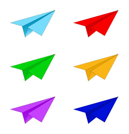 A set of 6 flat illustrations of different color paper planes, isolated on whiteの写真素材