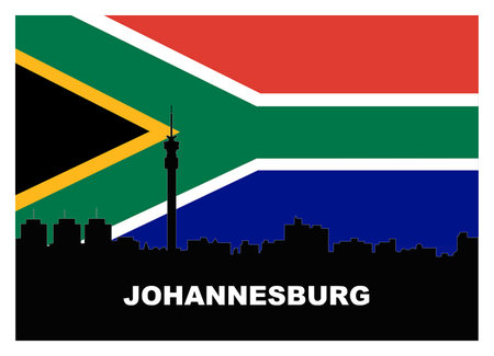 A flat illustration of the Johannesburg skyline silhouette against a backdrop of the South African flagの写真素材