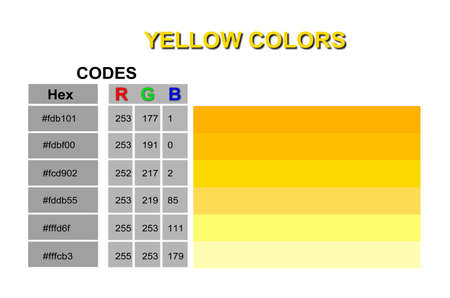 An illustration of six different shades of yellow with the RGB and Hex codes for eachの写真素材