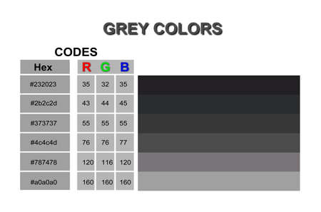 An illustration of six different shades of gray with the RGB and Hex codes for eachの写真素材
