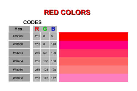 An illustration of six different shades of red with the RGB and Hex codes for eachの写真素材