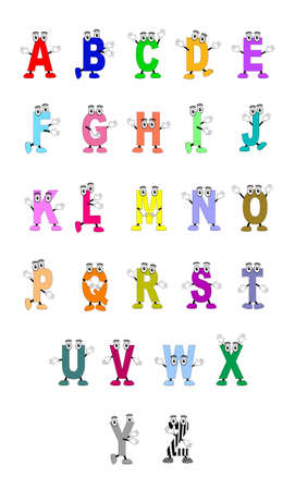 A flat illustration of the alphabet decorated with cartoon eyes, hands, and feet, isolated on a white background.の写真素材