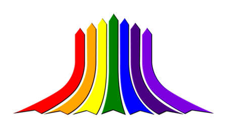 A flat seven colour rainbow coloured arrow pattern indicating movement back and up, isolated on a white background.の写真素材