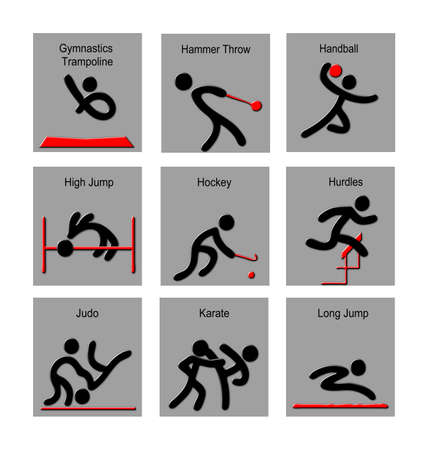 Set number 3 with 9 - 3D rendered illustrations of international sport in black and red with each icon isolated on a grey background.の写真素材