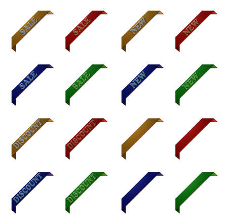 A set of 16 - 3D rendered illustrations of corner banners - 4 different sets each with different text message "SALE" " NEW" "DISCOUNT" and blank on metallic finish, isolated on white background.の写真素材
