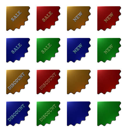 A set of 16 - 3D rendered illustrations Scalloped Corner Seals - 4 different sets each with different text message "SALE" " NEW" "DISCOUNT" and blank on a metallic finish, isolated on white backgroundの写真素材