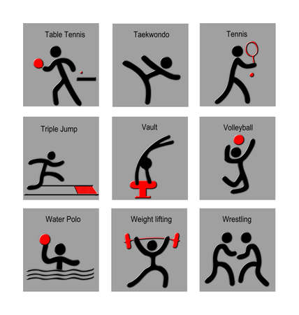 Set number 5 with 9 - 3D rendered illustrations of international sport in black and red with each icon isolated on a grey background.の写真素材
