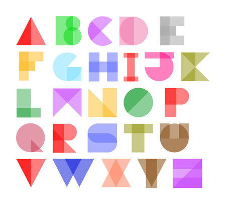 A flat multi-coloured alphabet consisting of Geometric shapes, isolated on a white background.の写真素材