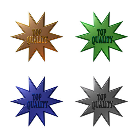 A 3D rendered illustration of a set of 4 ten pointed metallic stars with text "Top Quality", isolated on a white background.の写真素材