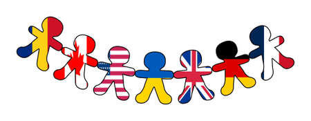 A flat illustration of a string of paper dolls with county flags in support of Ukraine, isolated on a white background.の写真素材