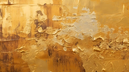Paint Texture in gold Colors with visible Brush Strokes. Artistic background on a concrete wall.の素材