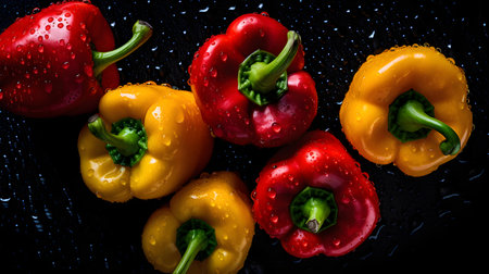 Overhead shot of colorful peppers with visible water drops. close upの素材