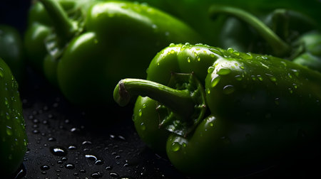Overhead shot of green peppers with visible water drops. close upの素材