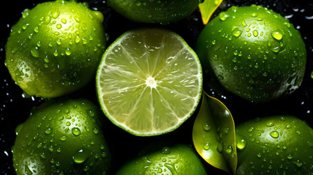 Overhead Shot of Lime with visible Water Drops. close upの素材
