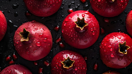 Overhead Shot of Pomegranates with visible Water Drops. close upの素材