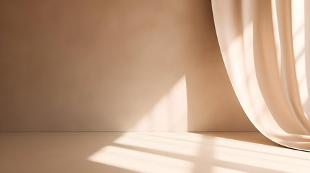 Elegant Room with Curtains in Beige Colors and Shadow of Windows. Studio Background for Product Presentation.の素材