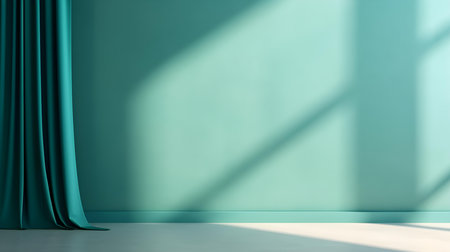 Elegant Room with Curtains in cyan Colors and Shadow of Windows. Studio Background for Product Presentation.の素材