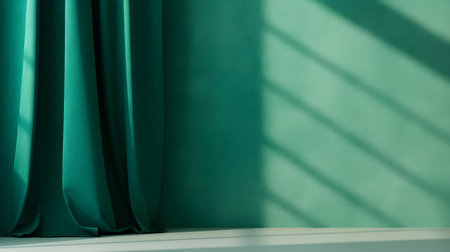 Elegant Room with Curtains in Emerald Colors and Shadow of Windows. Studio Background for Product Presentation.の素材