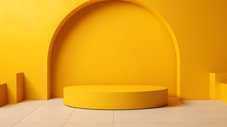 Minimal studio background in yellow colors. Modern podium for product presentationの素材