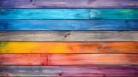 Close up of multicolor painted wooden planks. Wooden background textureの素材