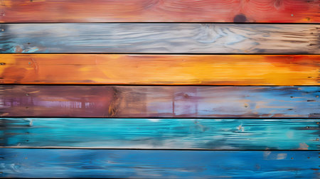 Close up of multicolor painted wooden planks. Wooden background textureの素材