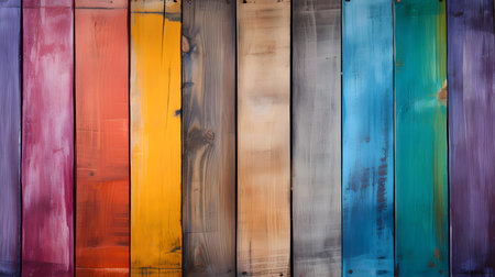 Close up of multicolor painted wooden planks. Wooden background textureの素材