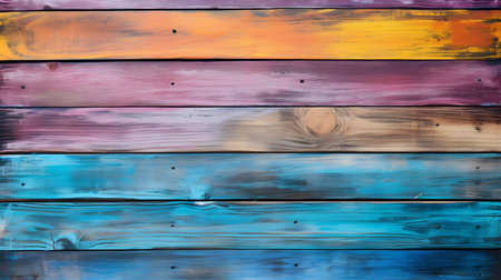 Close up of multicolor painted wooden planks. Wooden background textureの素材
