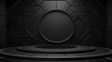 Futuristic studio background in black colors. Elegant room for product presentationの素材