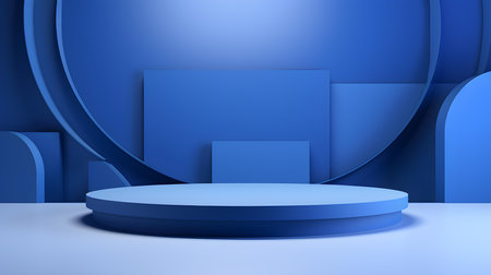 Futuristic studio background in blue colors. Elegant room for product presentationの素材