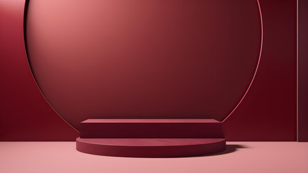 Futuristic studio background in burgundy colors. Elegant room for product presentationの素材