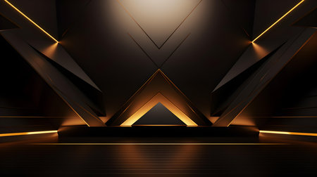 Futuristic studio background in dark golden colors. Elegant room for product presentationの素材
